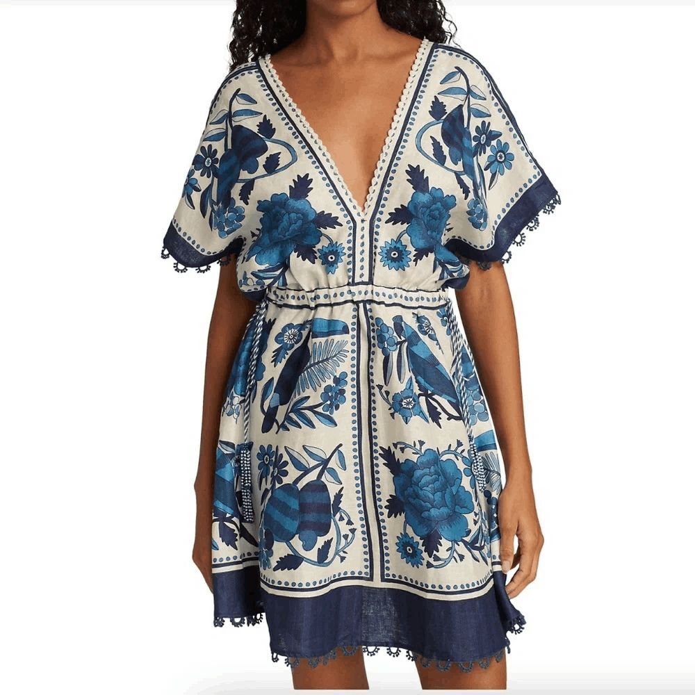 Farm Rio White Blue Tropical Tiles Floral Linen Blend Mini Dress Women's Size XS